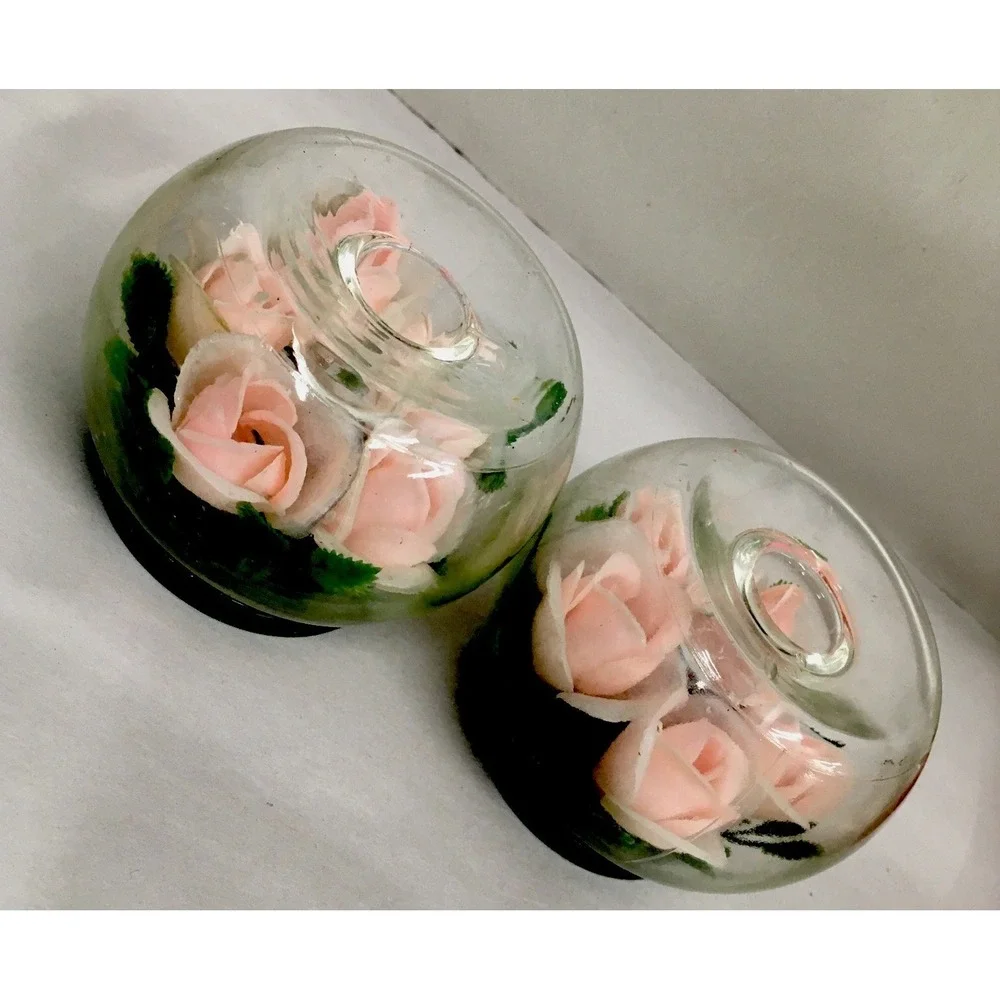 Candle Holders 2 Glass Terrarium Pink Roses Shabby Cottage Core Candles Not Iclu
